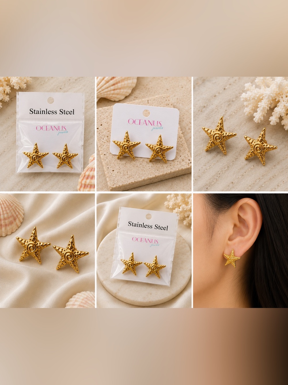 Oceanus Gold Seashell & Spiral Stud Earrings 🐚